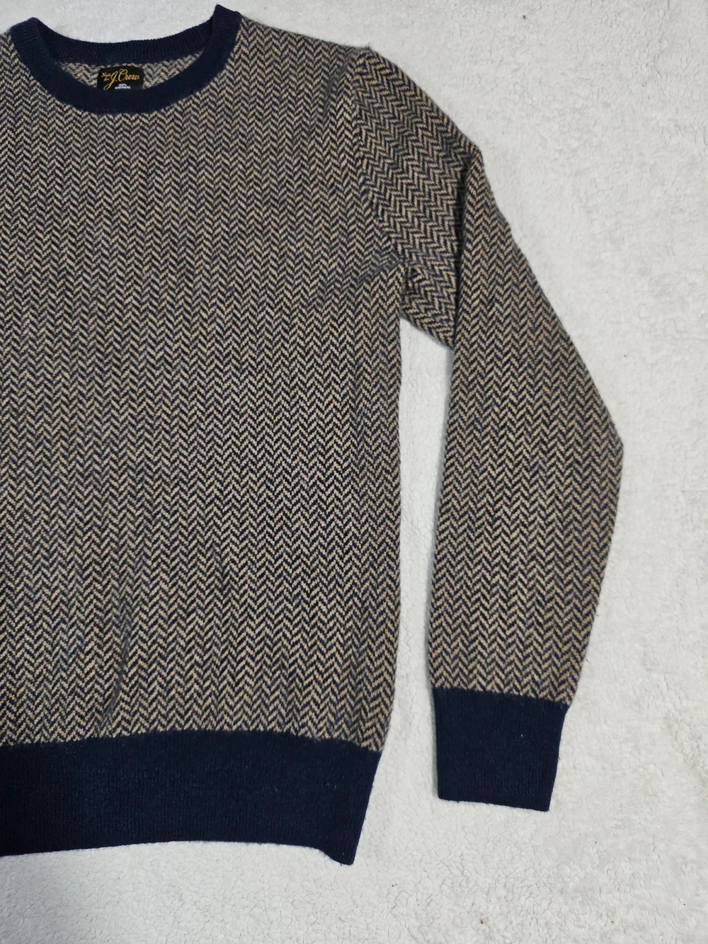 J Crew 100% Cashmere Herringbone Jacquard Crewneck Sweater in Tan & Blue Size S.